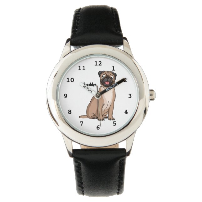Funny happy pug dog cartoon illustration  watch (Front)