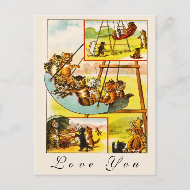 Funny Happy Retro Cats Kittens Playing Love You   Postcard (Front)