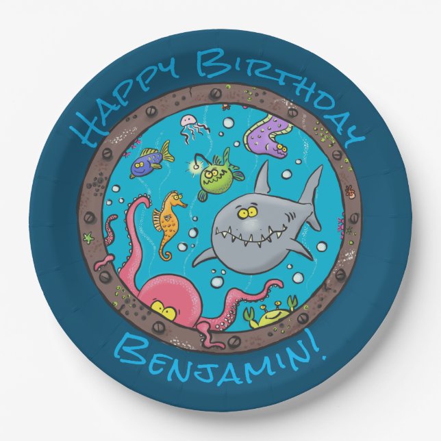 Funny happy sea creatures underwater cartoon paper plate (Front)