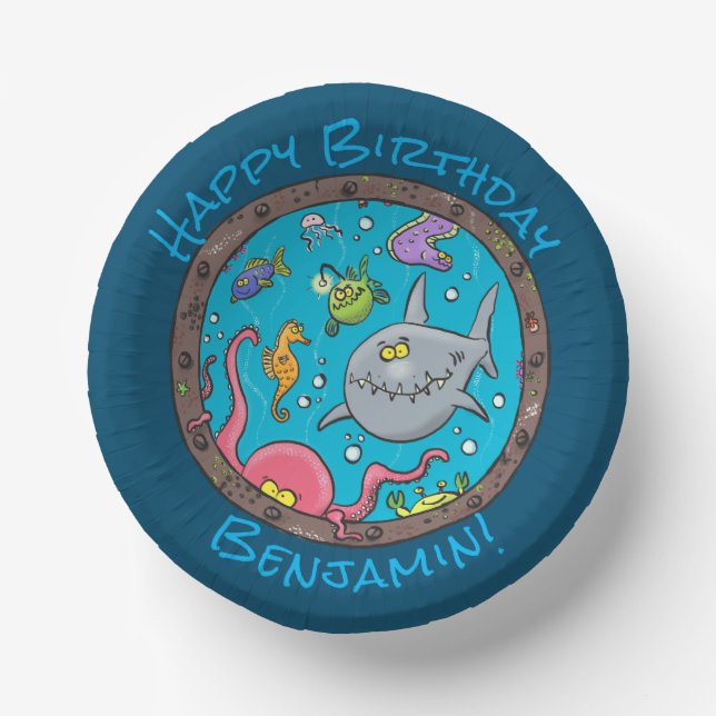 Funny happy sea creatures underwater cartoon paper plate (Front)