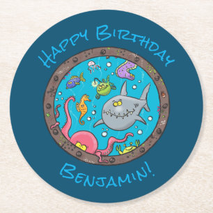 Funny happy sea creatures underwater cartoon round paper coaster