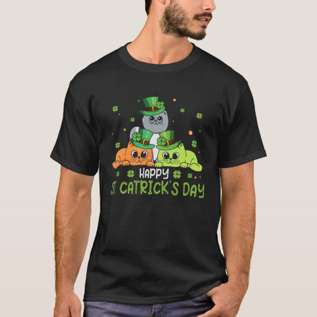 Funny Happy St Catrick's Day Cat Lucky Shamrock Gi T-Shirt (Front)