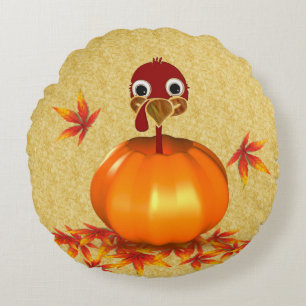 Funny Happy Thanksgiving Turkey in Pumpkin Round Cushion