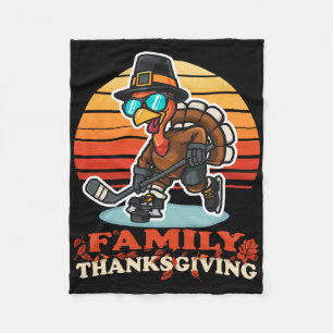 Funny Happy Thanksgiving Turkey Playing Ice Hockey Fleece Blanket