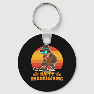 Funny Happy Thanksgiving Turkey Playing Ice Hockey Key Ring