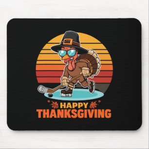 Funny Happy Thanksgiving Turkey Playing Ice Hockey Mouse Mat