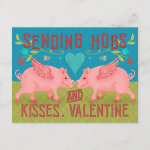 Funny Happy Valentines Day Pigs Pun Kids Classroom Holiday Postcard