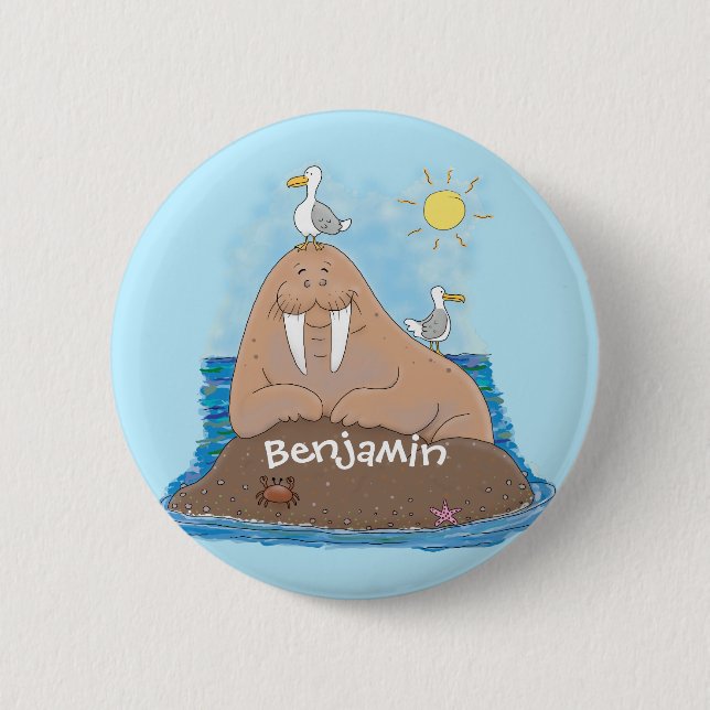 Funny happy walrus cartoon illustration 6 cm round badge (Front)