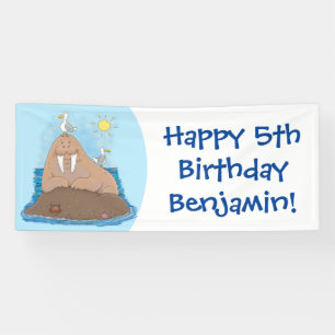 Funny happy walrus cartoon illustration banner