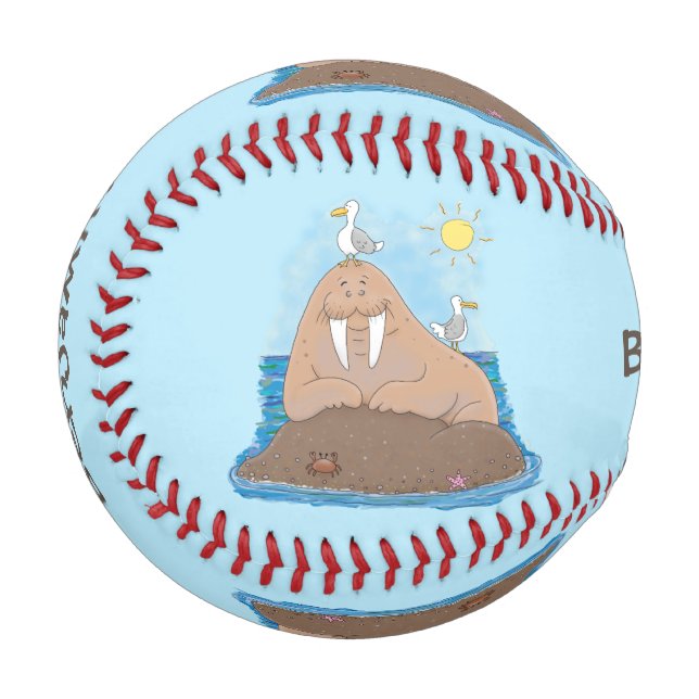 Funny happy walrus cartoon illustration baseball (Front Left)