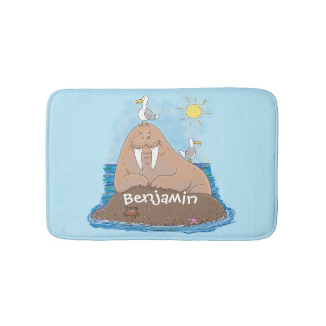 Funny happy walrus cartoon illustration bath mat (Front)