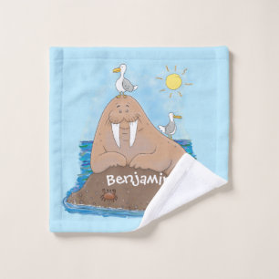 Funny happy walrus cartoon illustration bath towel set