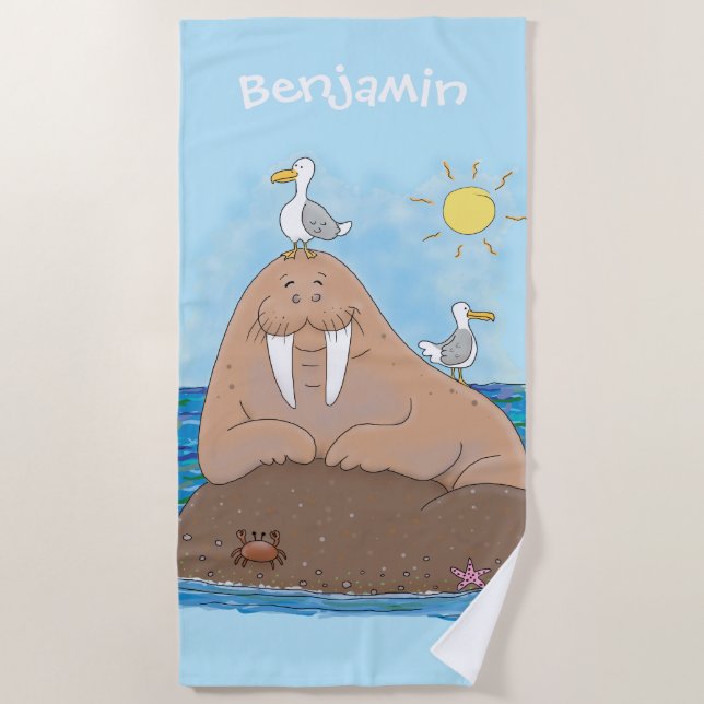 Funny happy walrus cartoon illustration beach towel (Front)