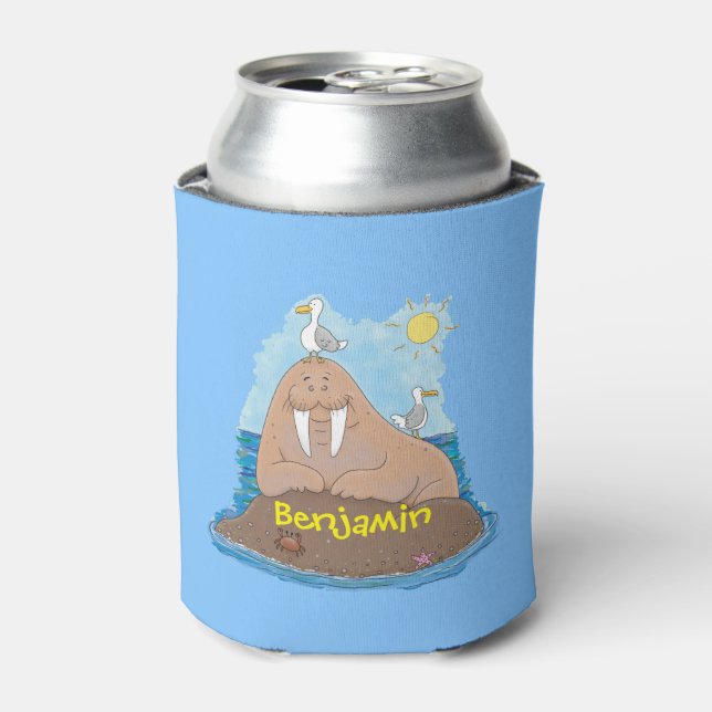 Funny happy walrus cartoon illustration cartoon can cooler (Can Front)