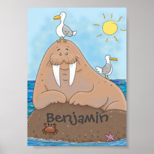 Funny happy walrus cartoon illustration cartoon poster