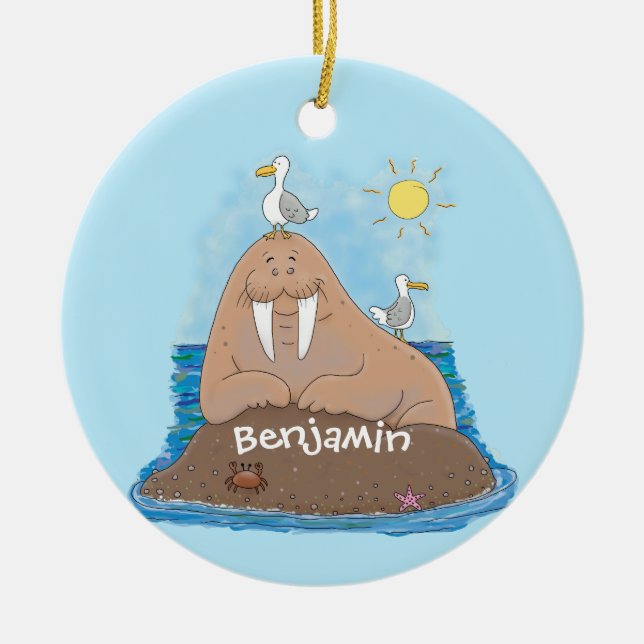 Funny happy walrus cartoon illustration ceramic tree decoration (Front)