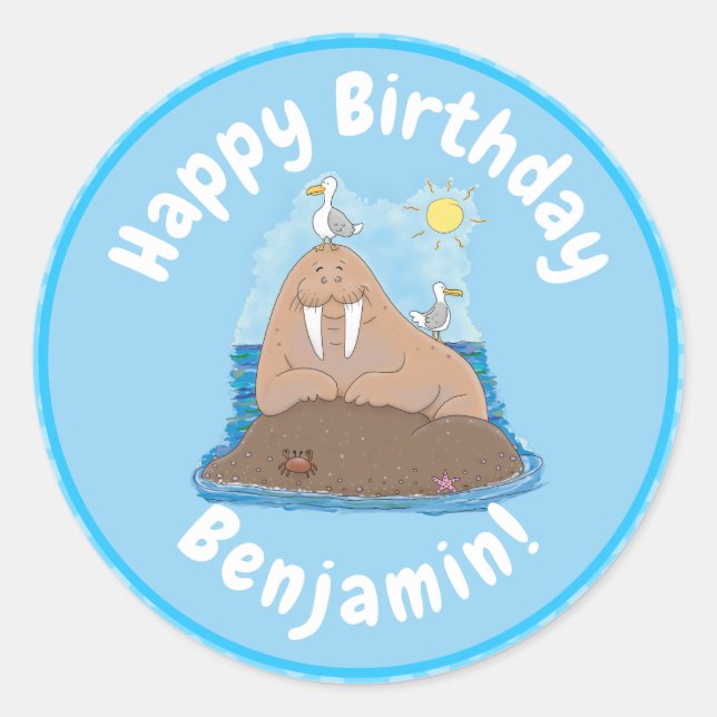 Funny happy walrus cartoon illustration classic round sticker (Front)