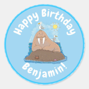 Funny happy walrus cartoon illustration classic round sticker