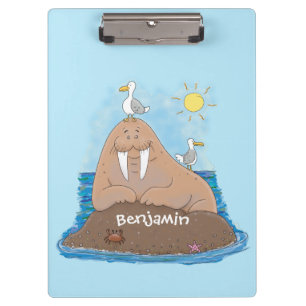 Funny happy walrus cartoon illustration clipboard