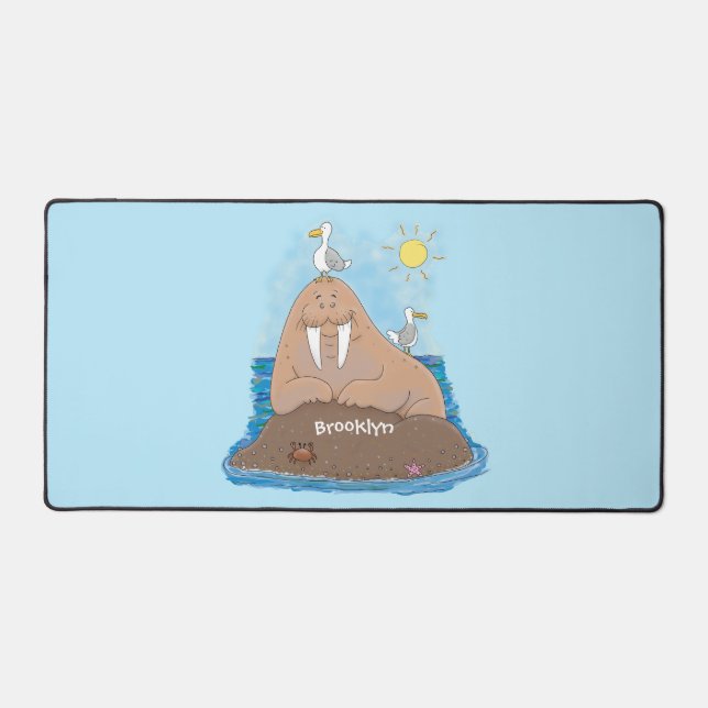Funny happy walrus cartoon illustration desk mat (Front)