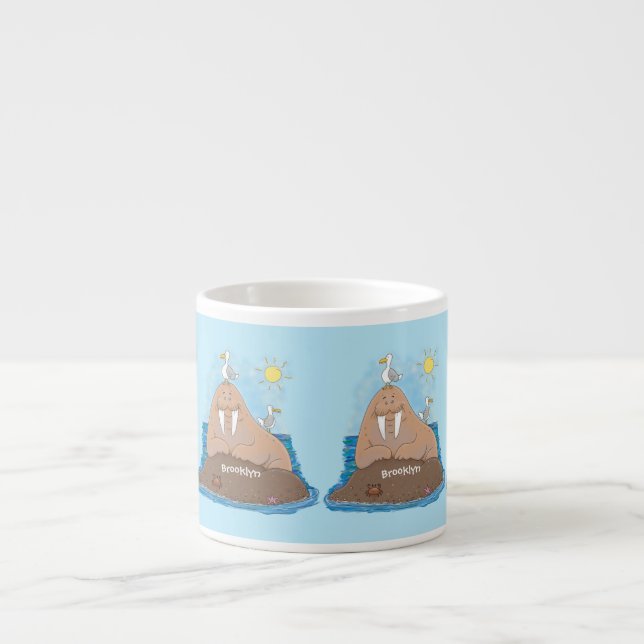 Funny happy walrus cartoon illustration espresso cup (Front)