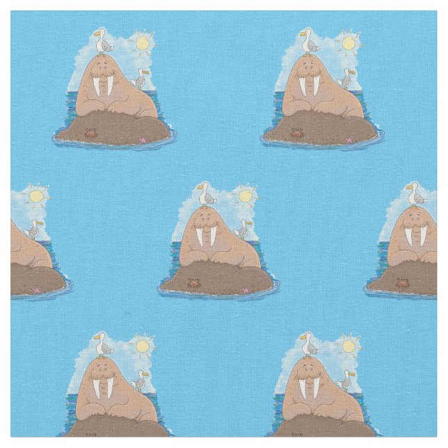 Funny happy walrus cartoon illustration fabric (Close Up)