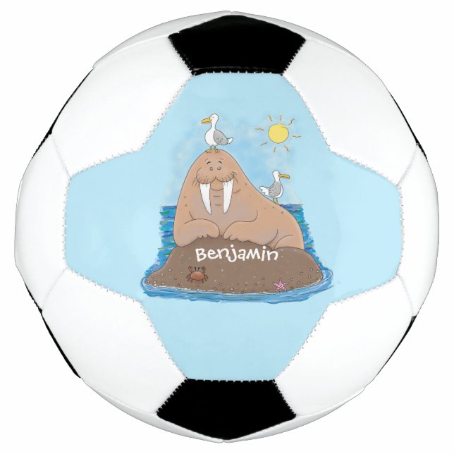 Funny happy walrus cartoon illustration football (Front)