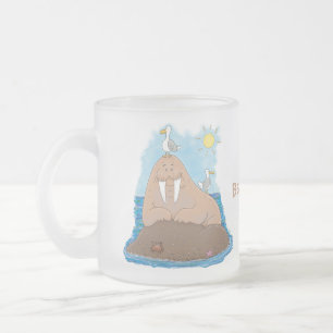 Funny happy walrus cartoon illustration frosted glass coffee mug