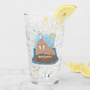 Funny happy walrus cartoon illustration glass