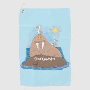 Funny happy walrus cartoon illustration golf towel