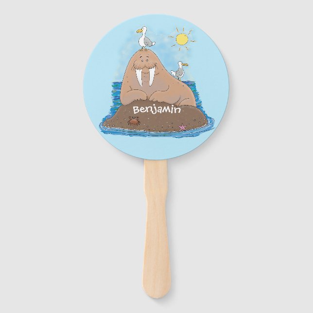 Funny happy walrus cartoon illustration hand fan (Front)