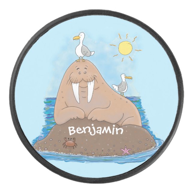 Funny happy walrus cartoon illustration hockey puck (Front)