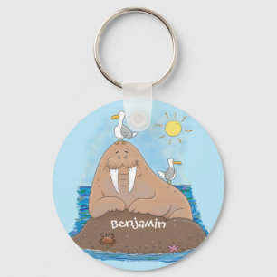 Funny happy walrus cartoon illustration key ring