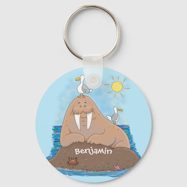 Funny happy walrus cartoon illustration key ring (Front)
