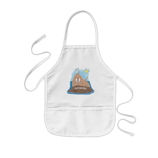 Funny happy walrus cartoon illustration kids apron (Front)