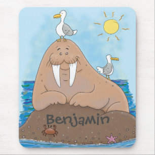 Funny happy walrus cartoon illustration mouse mat