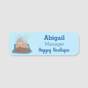 Funny happy walrus cartoon illustration  name tag