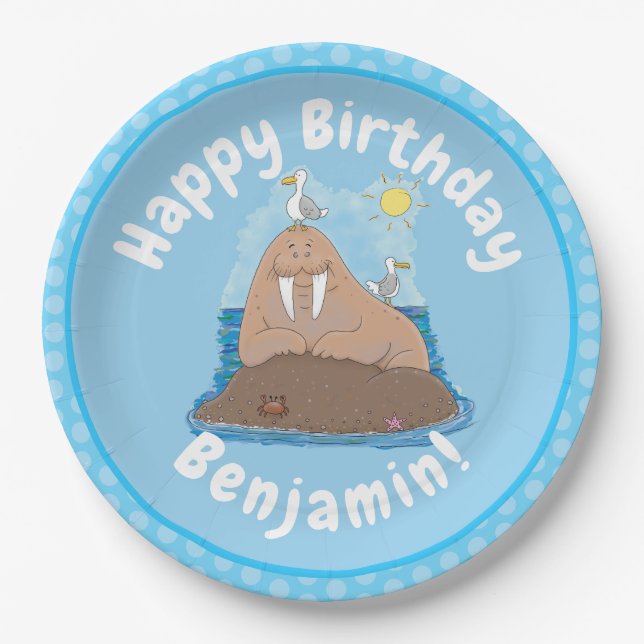 Funny happy walrus cartoon illustration paper plate (Front)