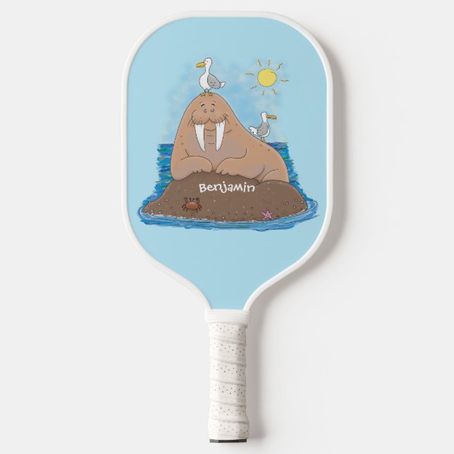 Funny happy walrus cartoon illustration pickleball paddle (Front)