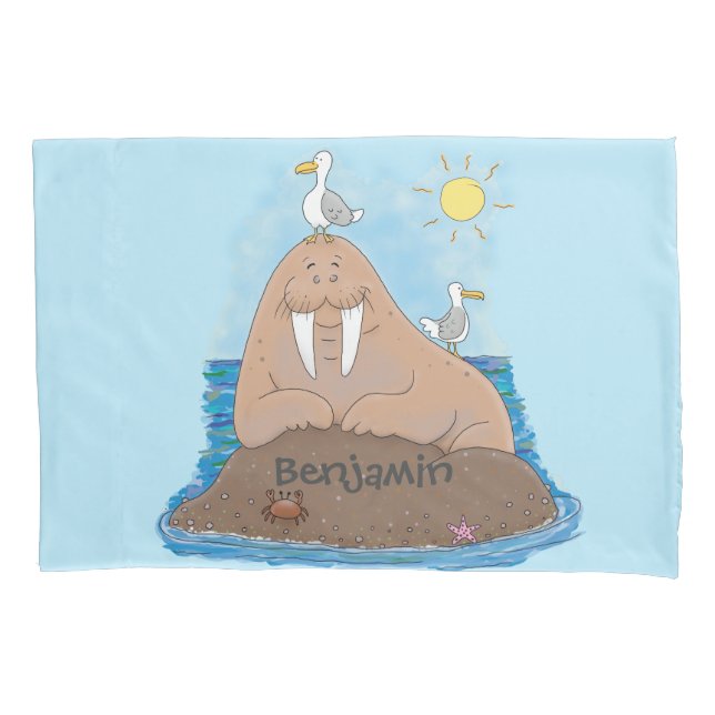 Funny happy walrus cartoon illustration pillowcase (Front)