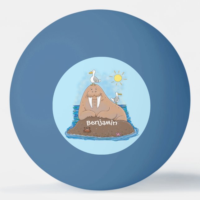 Funny happy walrus cartoon illustration ping pong ball (Front)