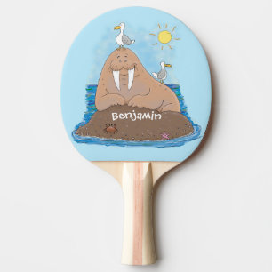 Funny happy walrus cartoon illustration ping pong paddle