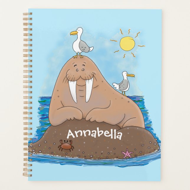 Funny happy walrus cartoon illustration planner (Front)