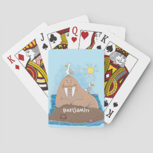 Funny happy walrus cartoon illustration playing cards