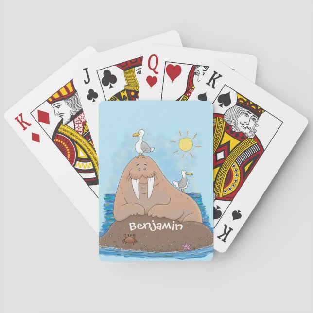 Funny happy walrus cartoon illustration playing cards (Back)