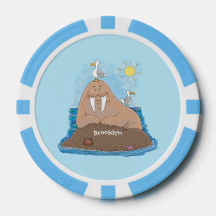 Funny happy walrus cartoon illustration poker chips