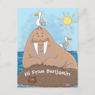 Funny happy walrus cartoon illustration postcard