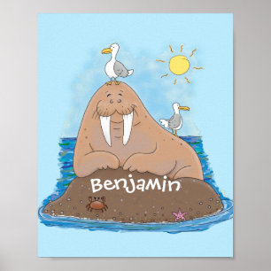 Funny happy walrus cartoon illustration poster