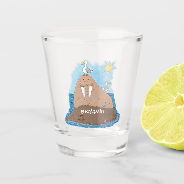 Funny happy walrus cartoon illustration  shot glass (Front)