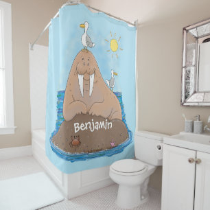 Funny happy walrus cartoon illustration shower curtain